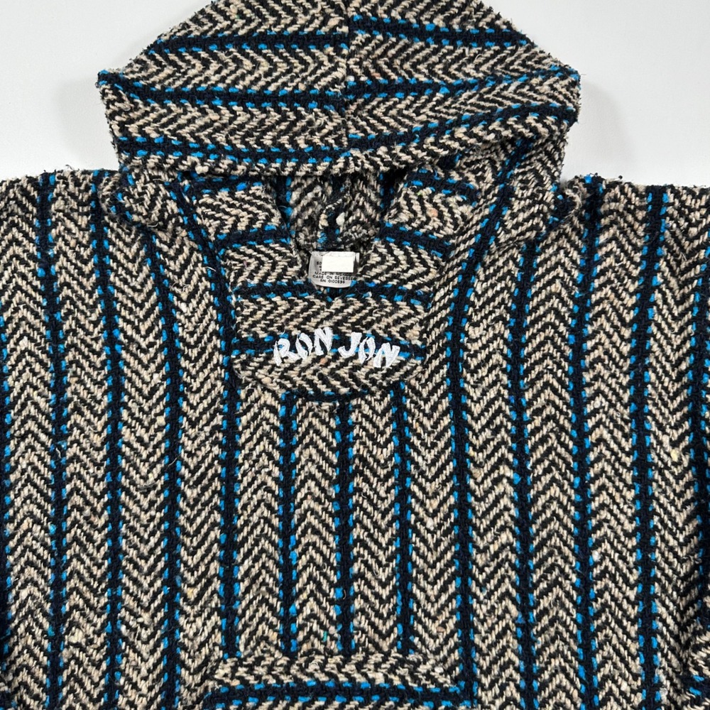 Ron Jon Baja Hoodie Mens Medium Woven Striped Pullover Blue Tan Black